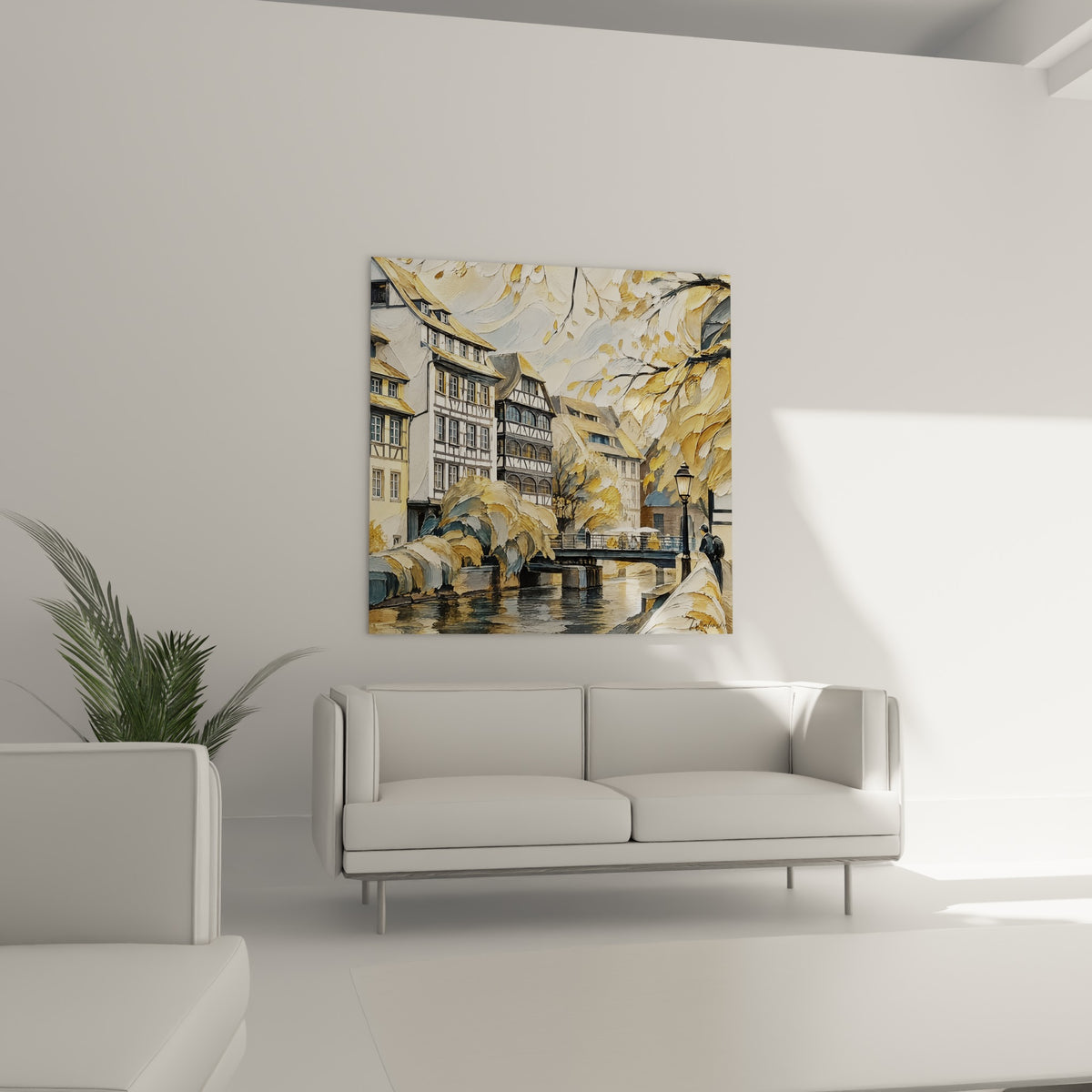 Quartier de la Petite France à Strasbourg en teintes ocre et grises au-dessus d'un canapé dans un salon lumineux