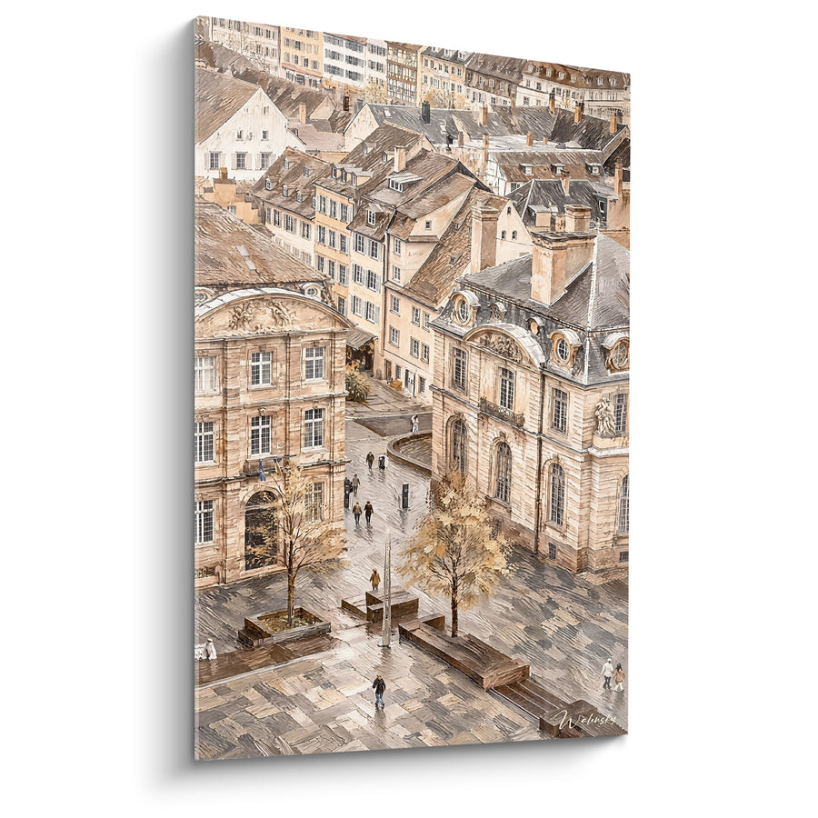 Tableau Place alsacienne aux toits beige et gris - Promenade matinale paisible - Edition Strasbourg  Grand Est  France