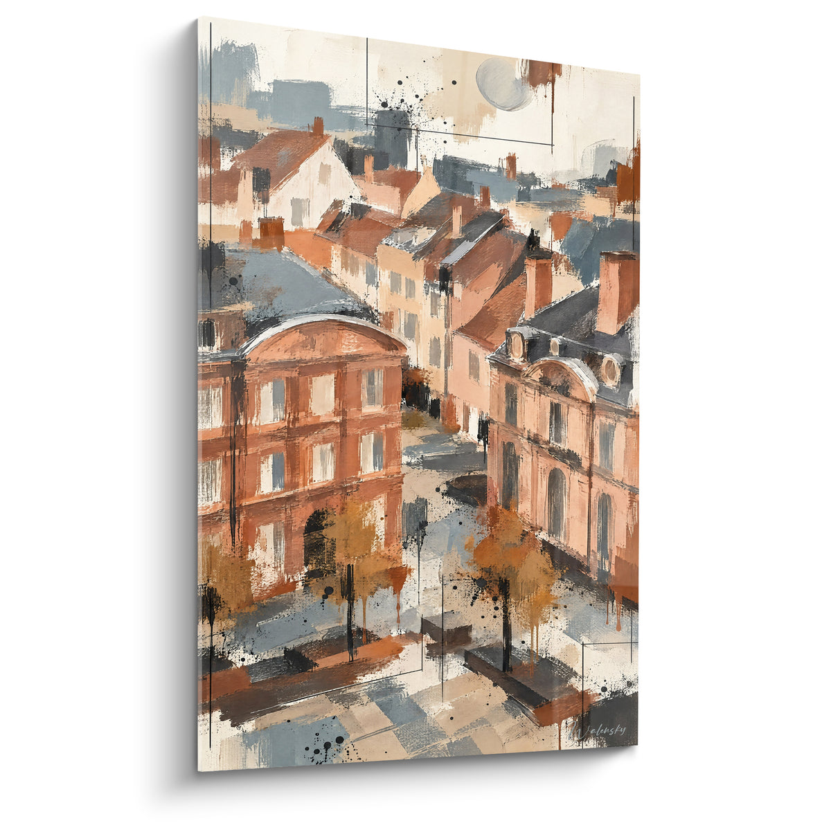 Place urbaine aux toits terracotta et bleu ardoise, vue aérienne sur Strasbourg, style esquissé