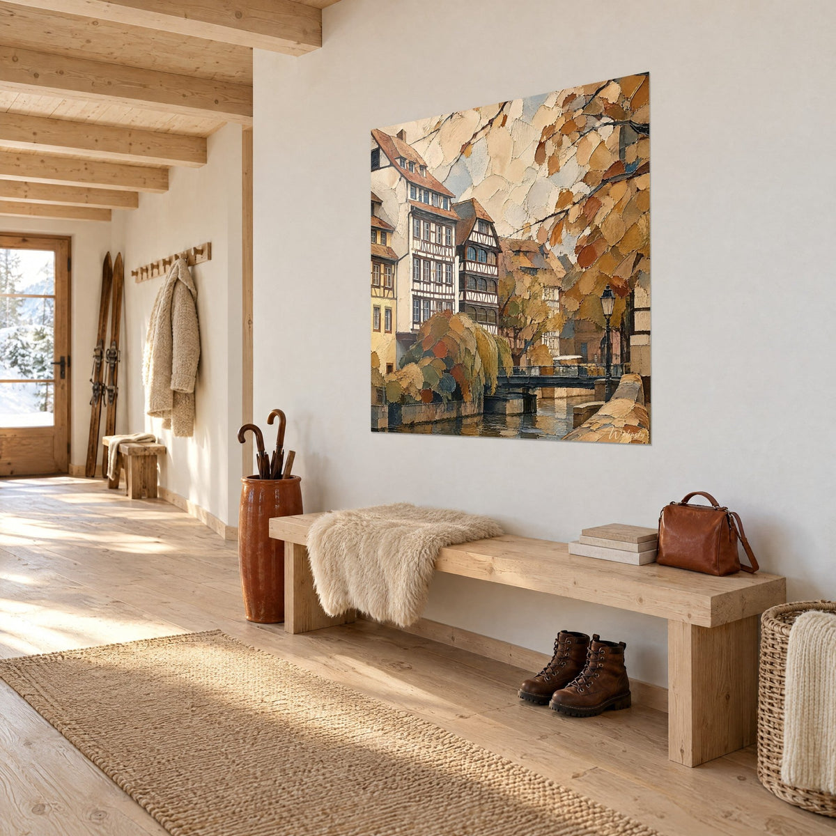 Cuadro Petite France de Estrasburgo en planos de pintura, sauce verde grisáceo y follaje cobrizo, pared blanca de un chalet
