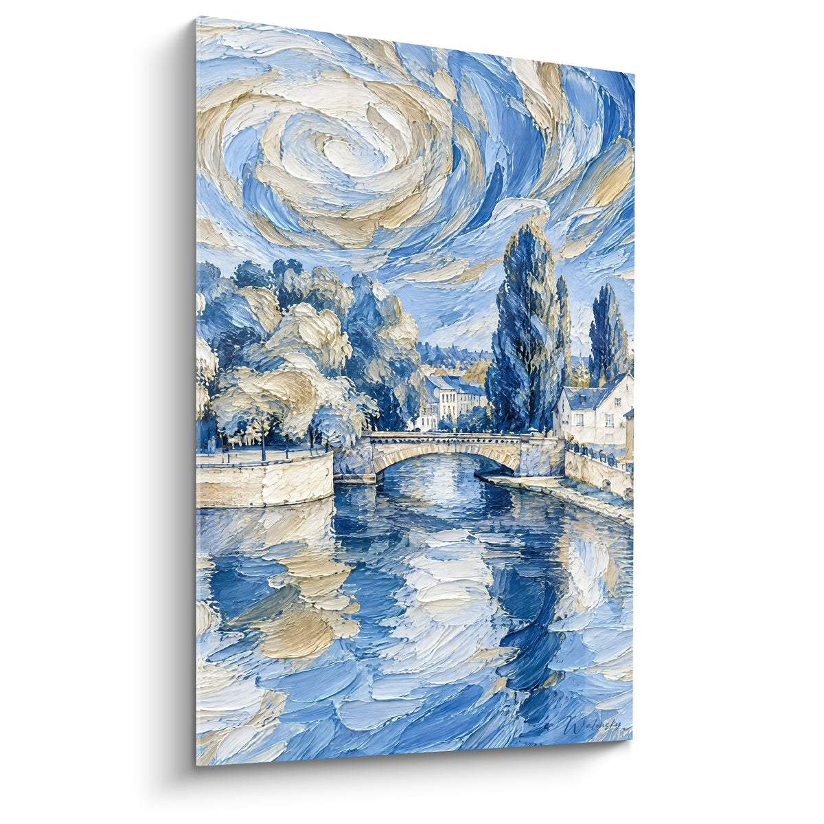 Cuadro puente de piedra abovedado que cruza un canal azul bajo un cielo arremolinado dorado y crema, estilo empastado