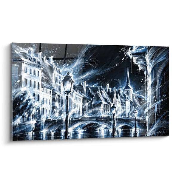 Tableau Pont couvert bleu nuit et blanc - Nuit électrique - Edition Strasbourg  Grand Est  France