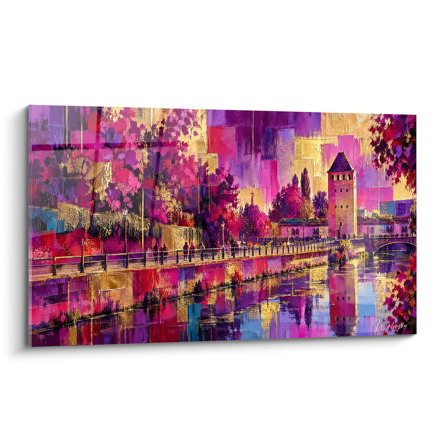 Schilderij Toren met kantelen in fuchsia en goud aan de rand van het kanaal - Wandelaars op de loopbrug - Editie Straatsburg Elzas Frankrijk