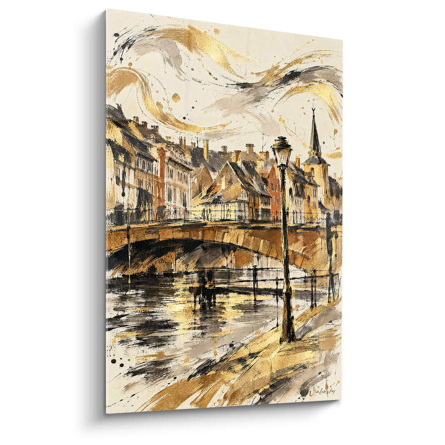 Tableau Pont arqué doré et noir sous tourbillon céleste - Flèche gothique au loin - Edition Strasbourg  Grand Est  France