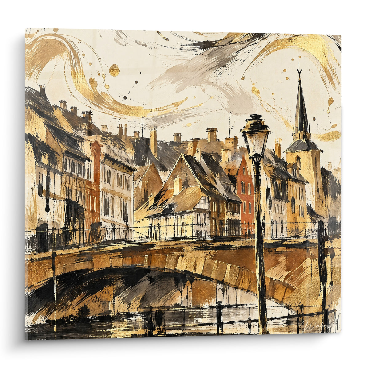 Gemälde goldene Steinbrücke und schwarze Laterne über einem Kanal, Terrakotta- und Anthrazittöne in Tinte, Stil Straßburg