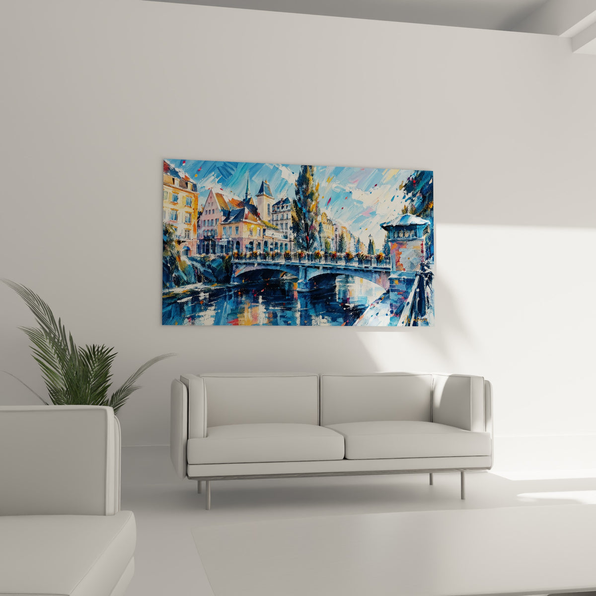 Pont de pierre fleuri sous ciel bleu et blanc, au-dessus d'un canapé dans un salon lumineux