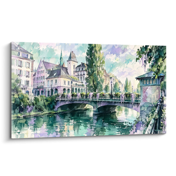 Painting Flowering Bridge over Green and Purple Canal - Springtime Stroll - Strasbourg Edition Grand Est France