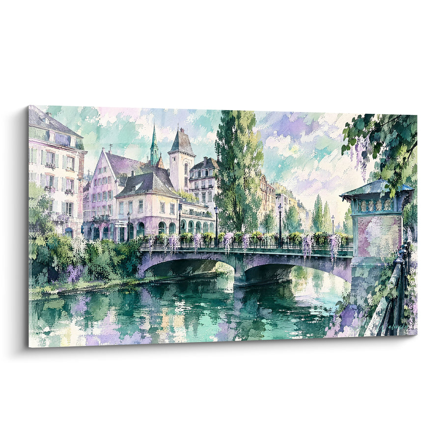 Schilderij Bloemige brug over groene en paarse gracht - Lente wandeling - Editie Straatsburg  Elzas  Frankrijk