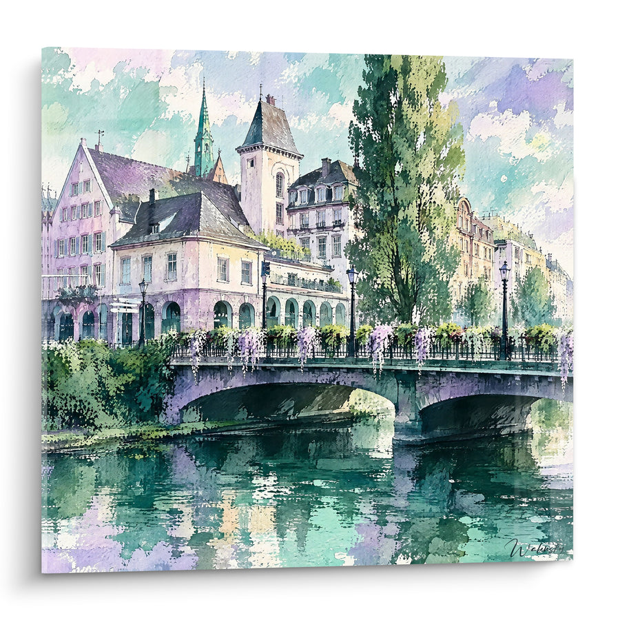 Tableau Pont fleuri vert et mauve sur canal - Flânerie au fil de l'eau - Edition Strasbourg  Grand Est  France