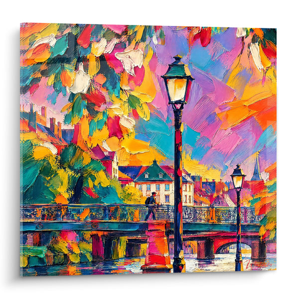 Painting Bridge and lamppost in orange and turquoise hues - Evening stroll - Strasbourg Grand Est France Edition