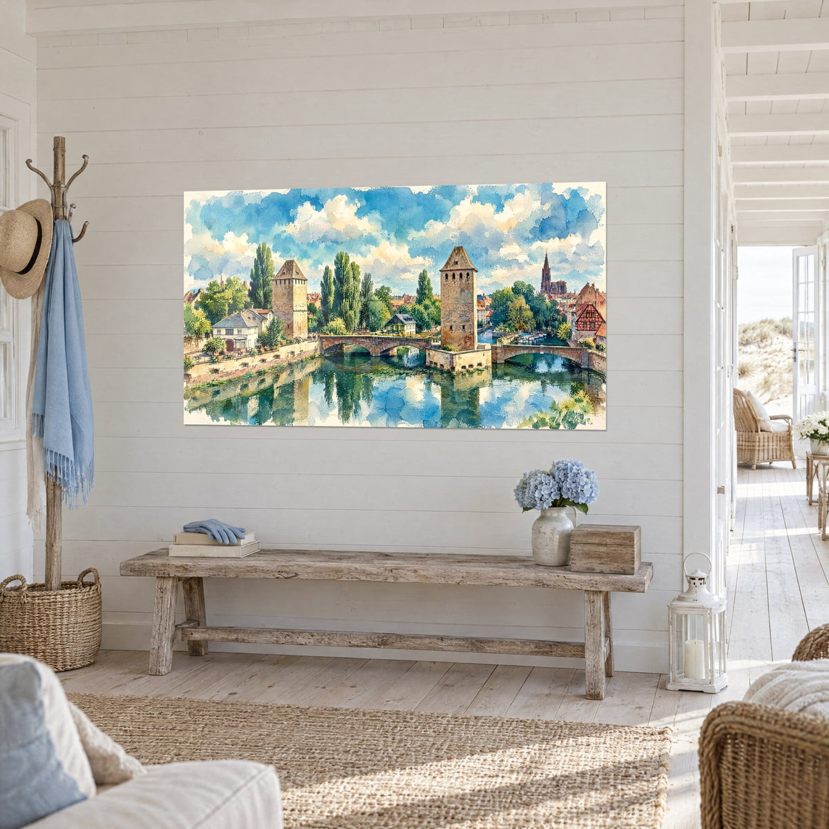 Schilderij Ponts Couverts in aquarel, bewolkte blauwe lucht en groene weerspiegelingen op het water, lichte hal, aan zee