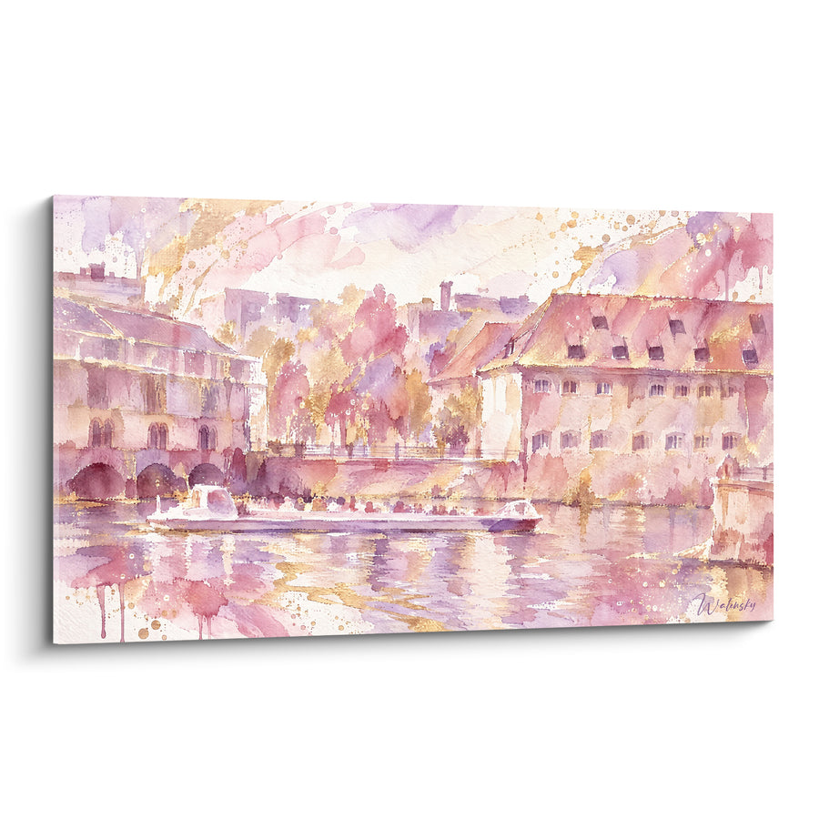 Schilderij Overdekte bruggen roze en goud - Gouden wandeling - Editie Straatsburg Elzas Frankrijk