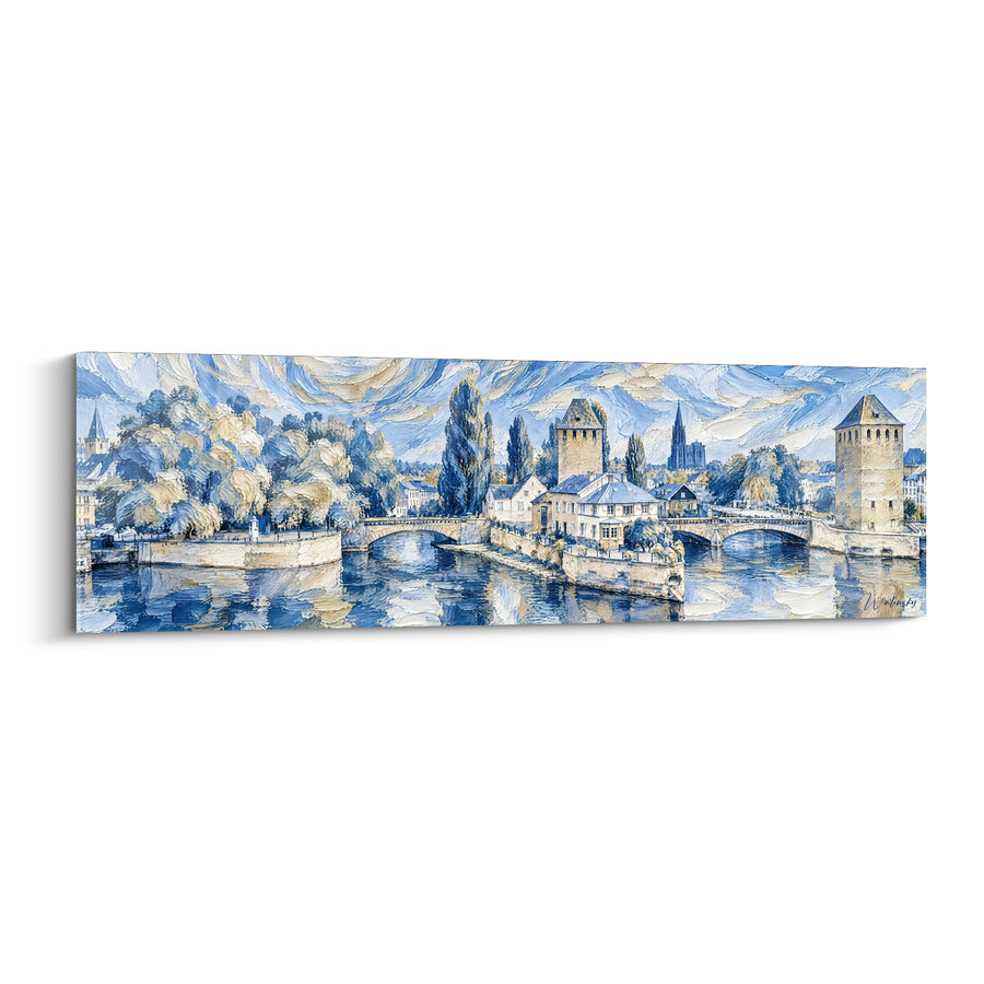 Schilderij Tweelingtorens blauw en beige op dubbele brug - Kathedraalspits in de verte - Editie Straatsburg Elzas Frankrijk