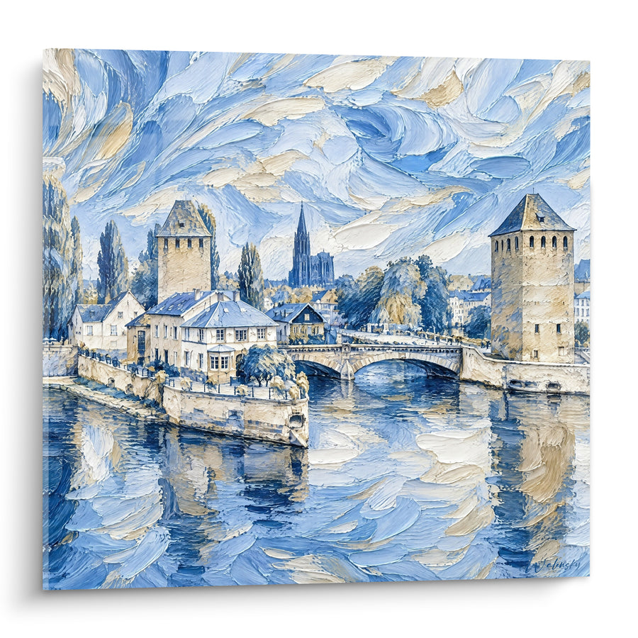 Tableau Ponts couverts bleus et dorés sur l'Ill - Quiétude alsacienne - Edition Strasbourg  Grand Est  France