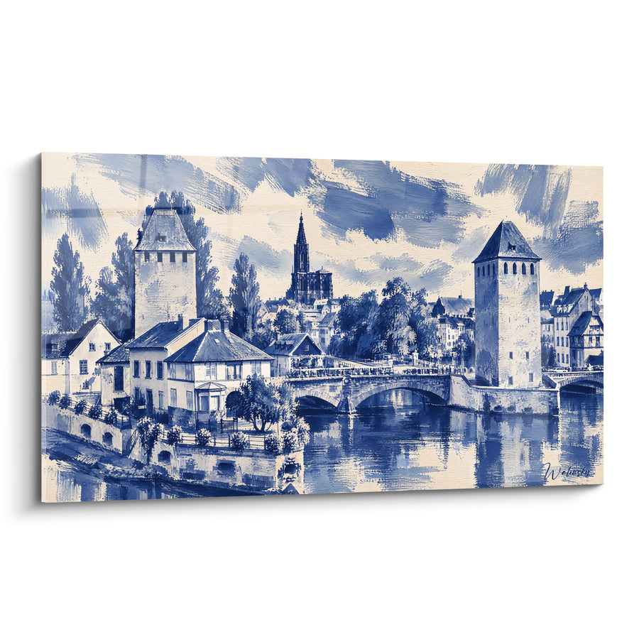 Schilderij Overdekte Bruggen Marineblauw en Ivoor - Waakt over de Rivier - Editie Straatsburg Elzas Frankrijk