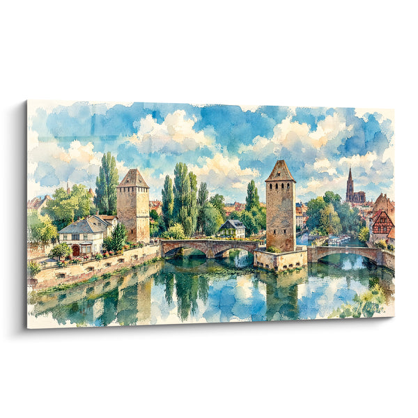 Schilderij Tweelingtorens beige en smaragdgroen onder grote bewolkte lucht - Verre gotische toren in de verte - Editie Straatsburg Elzas Frankrijk
