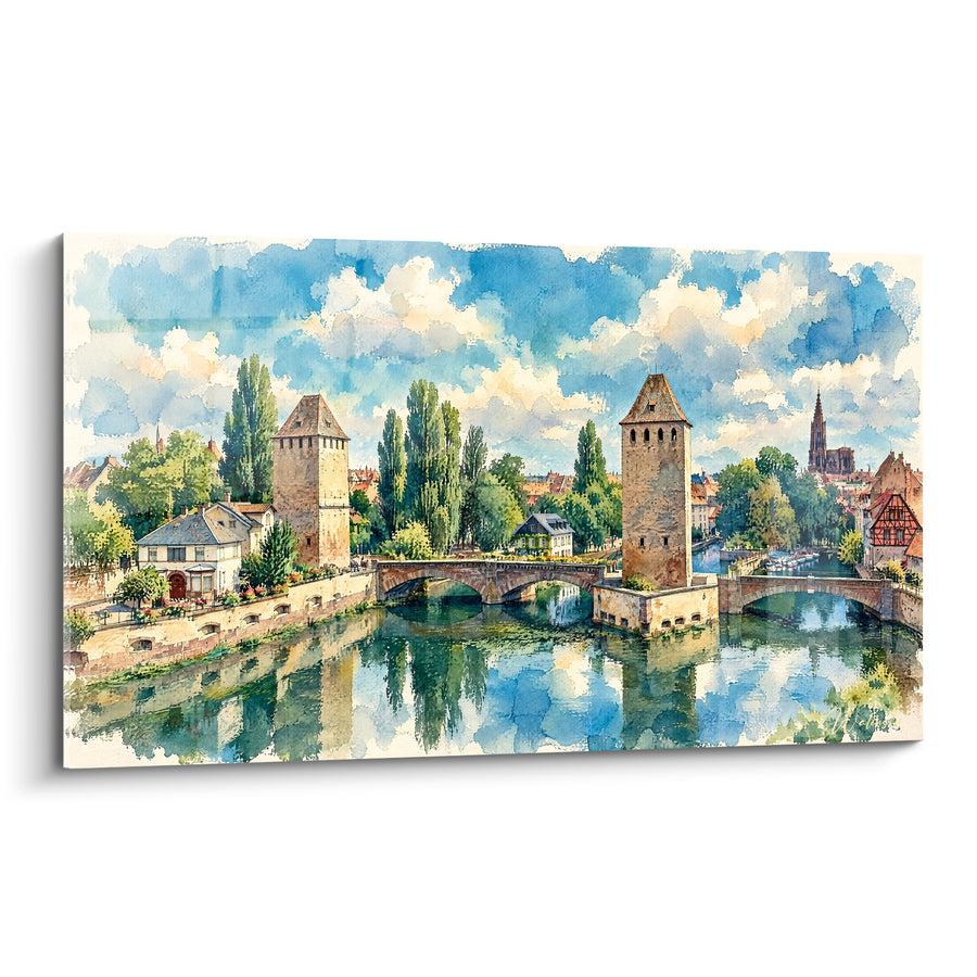 Schilderij Tweelingtorens beige en smaragdgroen onder grote bewolkte lucht - Verre gotische toren in de verte - Editie Straatsburg Elzas Frankrijk