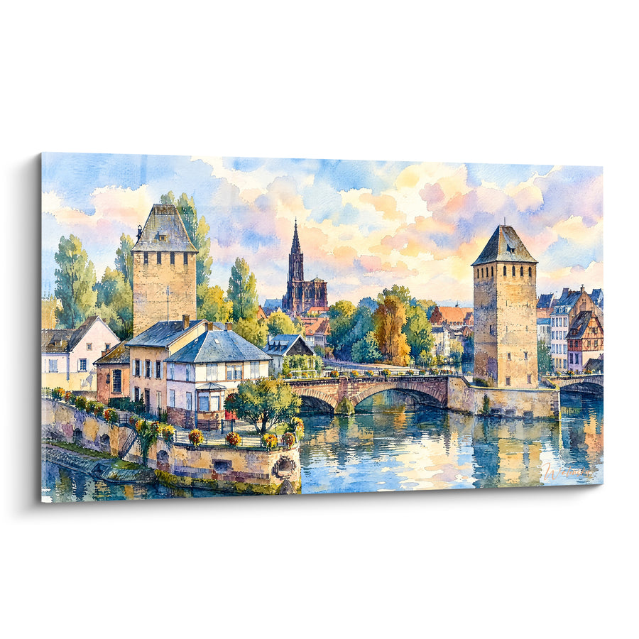 Tableau Ponts couverts ocre et bleu sur l'Ill - Rêverie alsacienne - Edition Strasbourg  Grand Est  France