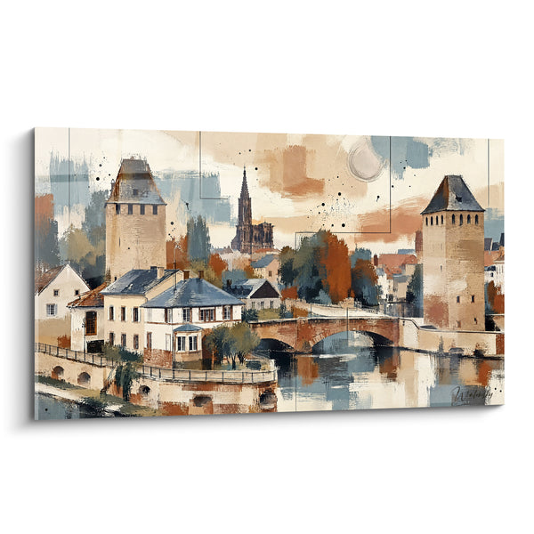 Schilderij Overdekte Bruggen met Oker- en Blauwe Torens - Herinnering aan een Stad - Editie Straatsburg Elzas Frankrijk