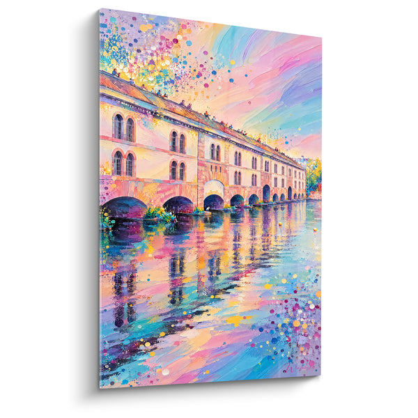 Tableau Barrage Vauban rose et turquoise aux arcades voûtées - Éclaboussures de peinture confettis - Edition Strasbourg  Grand Est  France
