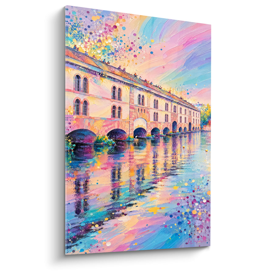 Tableau Barrage Vauban rose et turquoise aux arcades voûtées - Éclaboussures de peinture confettis - Edition Strasbourg  Grand Est  France
