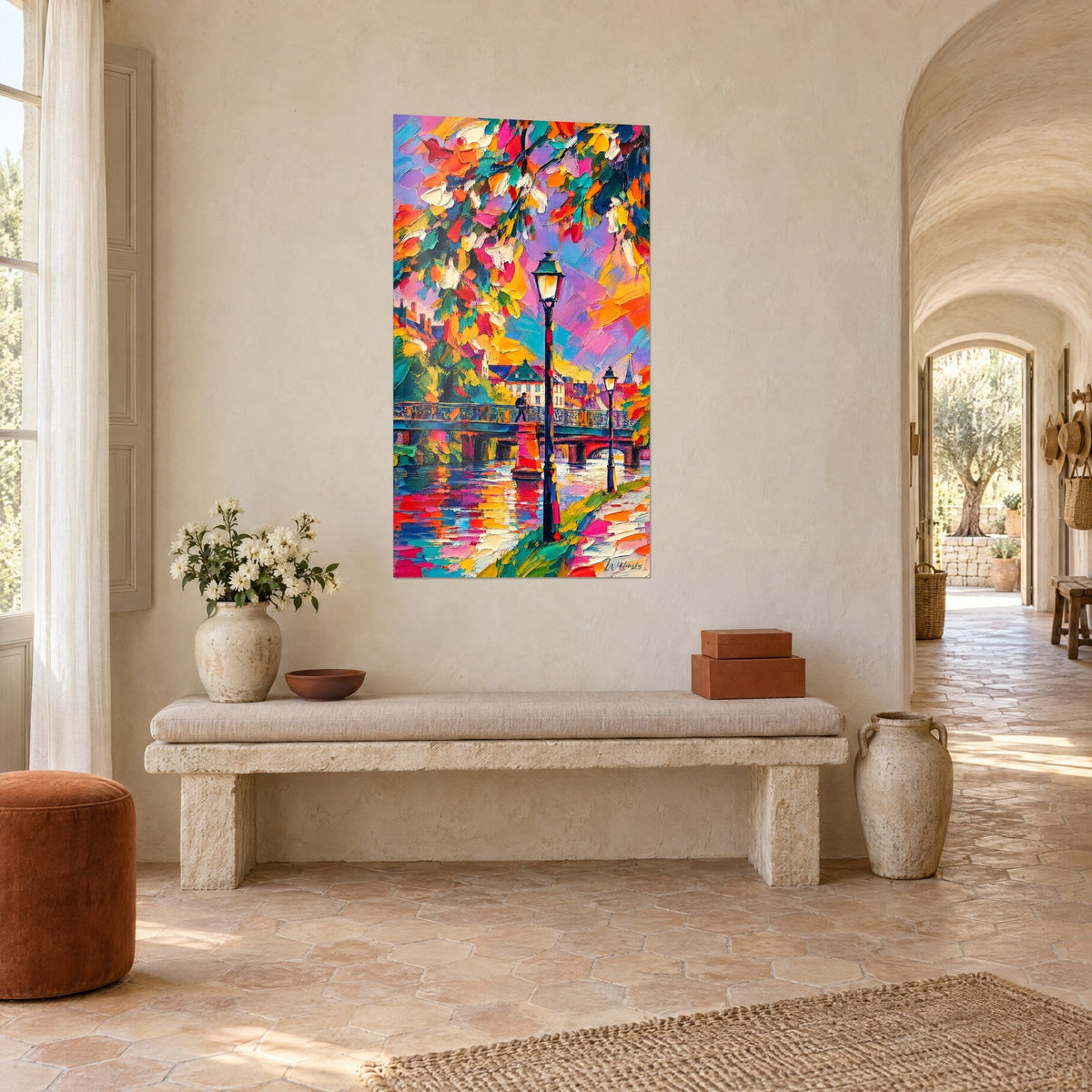 Gemälde schwarze Laterne mit goldener Kugel unter rosa und orangefarbenem Laub, Steg und blaue Spiegelungen, Dreiviertelansicht, provenzalisches Landhaus