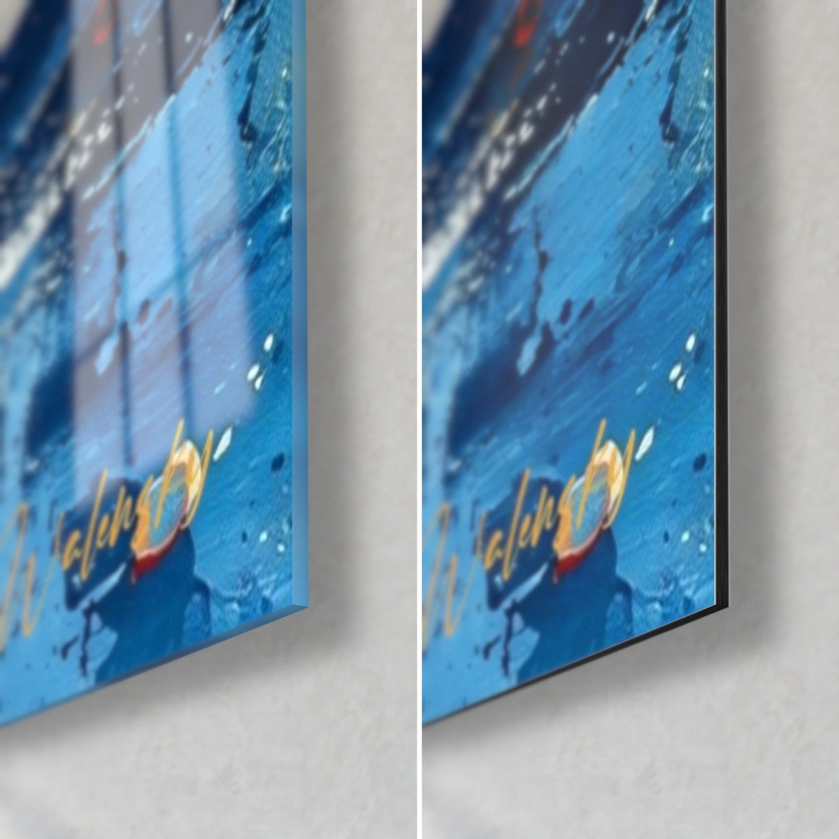 Schilderij bloeiende kade in dik geverfd werk, rechtsonder: glanzend blauw acrylglas links, mat Dibond rechts, 3 mm dikte