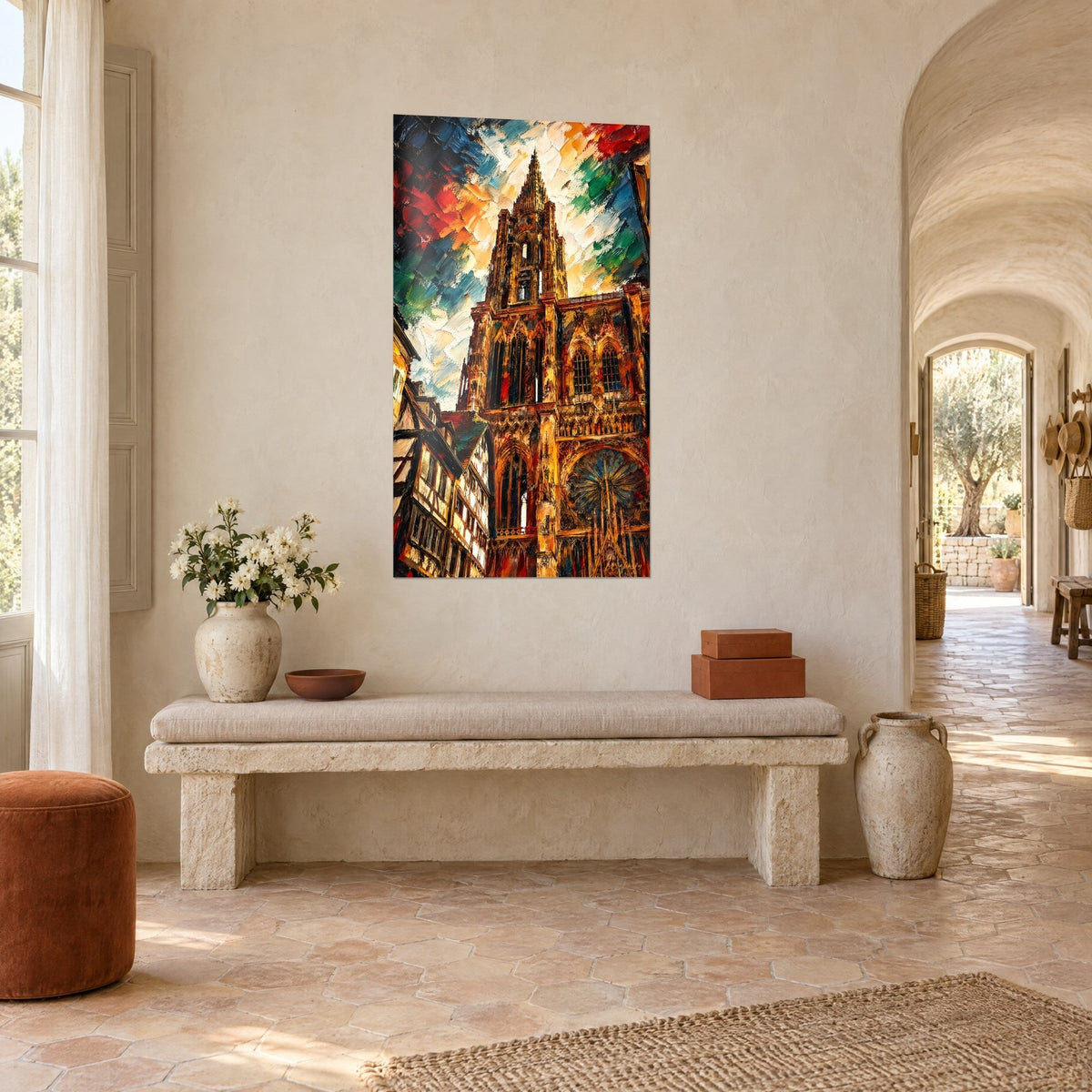 Quadro cattedrale di Strasburgo dipinta a spatola, ocra e verde smeraldo, vista di tre quarti su un muro di casale provenzale