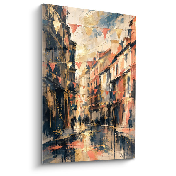 Tableau Ruelle pavoisée aux fanions corail et dorés - Fête de ruelle - Edition Strasbourg  Grand Est  France