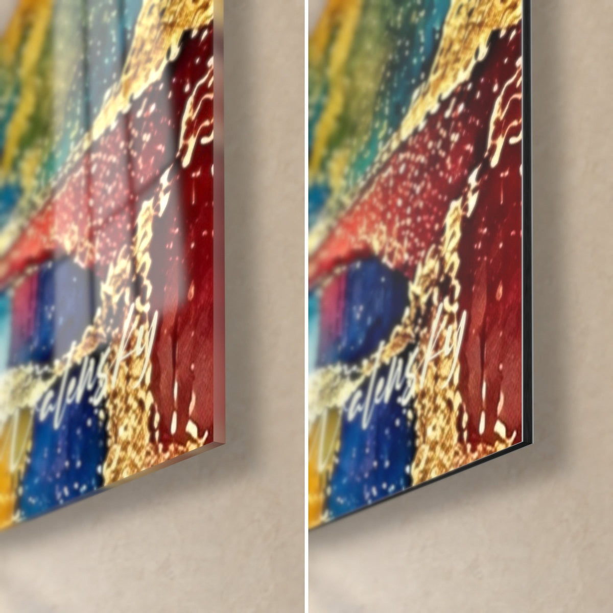 Gemälde Kai mit roten Fassaden und Kobaltblau, untere rechte Ecke, glänzendes Acrylglas links, matte Dibond-Aluminium rechts