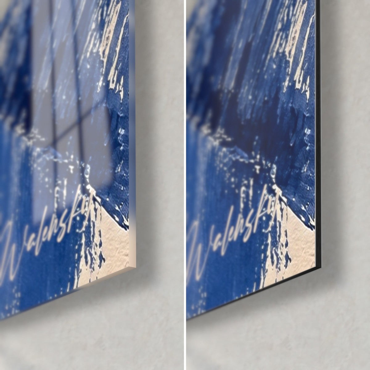 Cuadro canal reflejado en azul cobalto y crema, esquina inferior derecha, cristal acrílico brillante a la izquierda, aluminio Dibond mate a la derecha