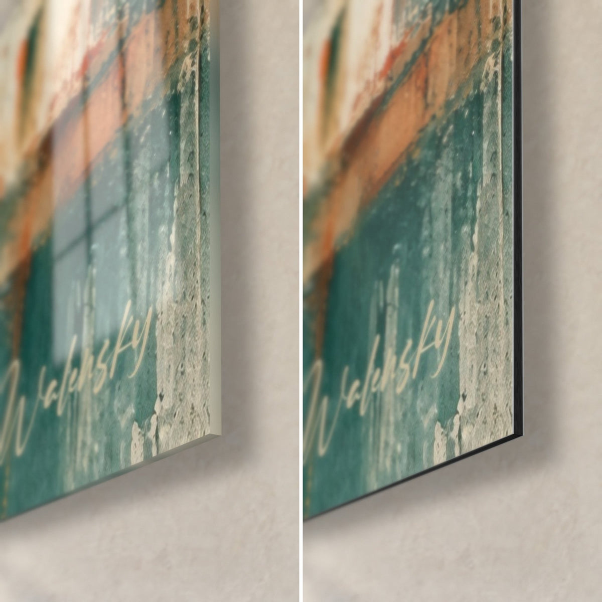 Gemälde mit aquarellierten Elsässer Häusern, untere rechte Ecke: glänzendes Acrylglas links, matte Dibond-Aluminium rechts, 3 mm Kante