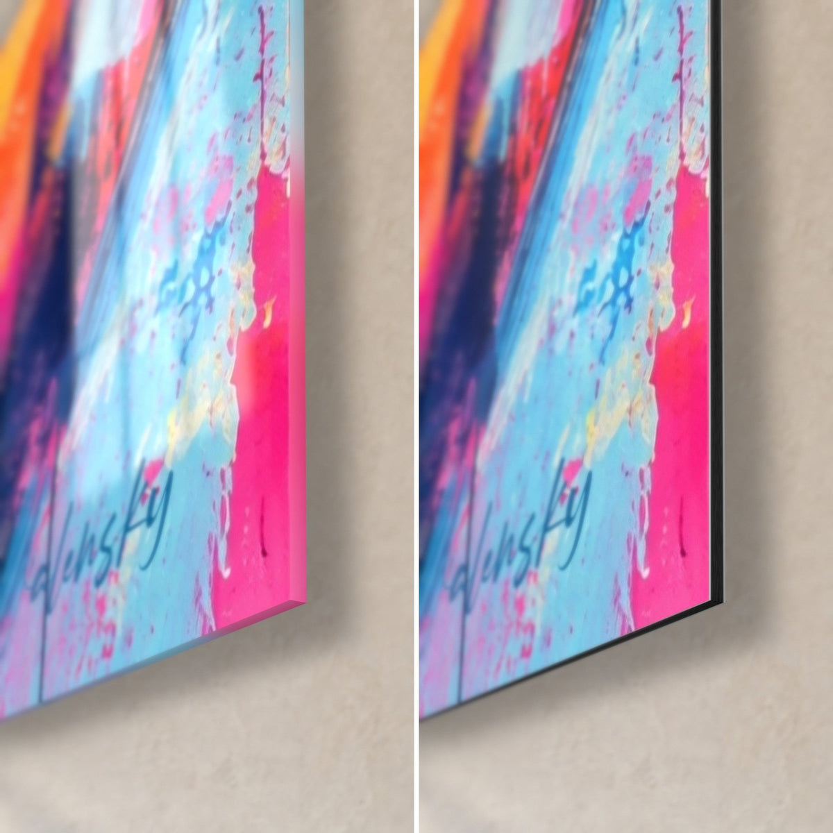 Quadro veduta aerea di tetti rosa fucsia e azzurro cielo, firma Walensky, angolo in basso a destra, spessore 3 mm, vetro e Dibond