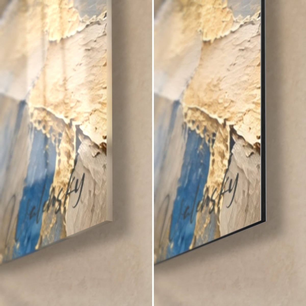 Wall art Alsatian canal in watercolour, bottom right corner: glossy glass on the left, matte Dibond aluminium on the right, 3 mm black edge