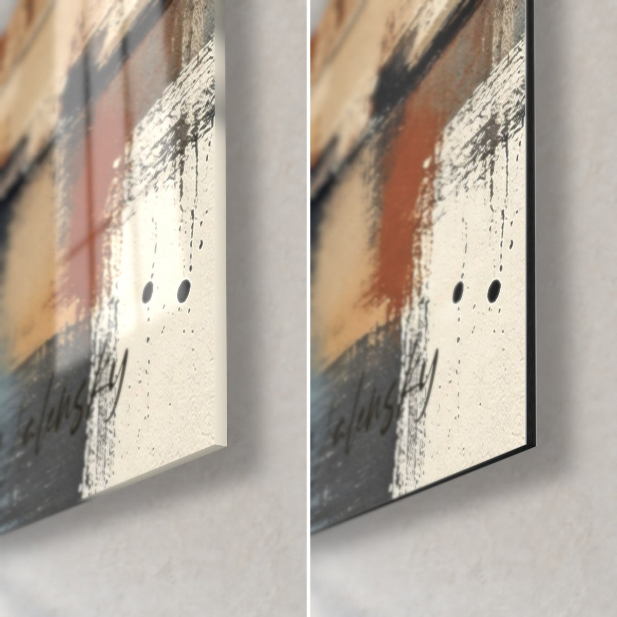 Schilderij middeleeuwse torens in schilderwerk, rechtsonder: glanzend acrylglas en mat zwart Dibond-aluminium, rand van 3 mm, spatten