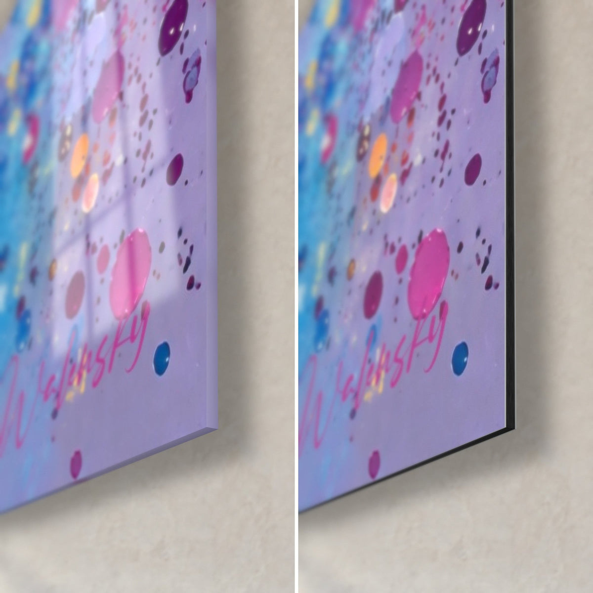 Wall art covered bridge in pink and turquoise, bottom right corner: purple and pink confetti dots, glossy glass and matte Dibond