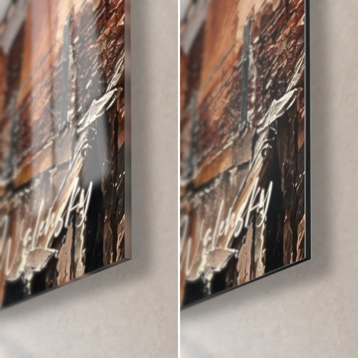 Schilderij van Straatsburg geschilderd met een palet mes, oker en bruin, rechtsonder: glanzend acrylglas links, mat Dibond rechts