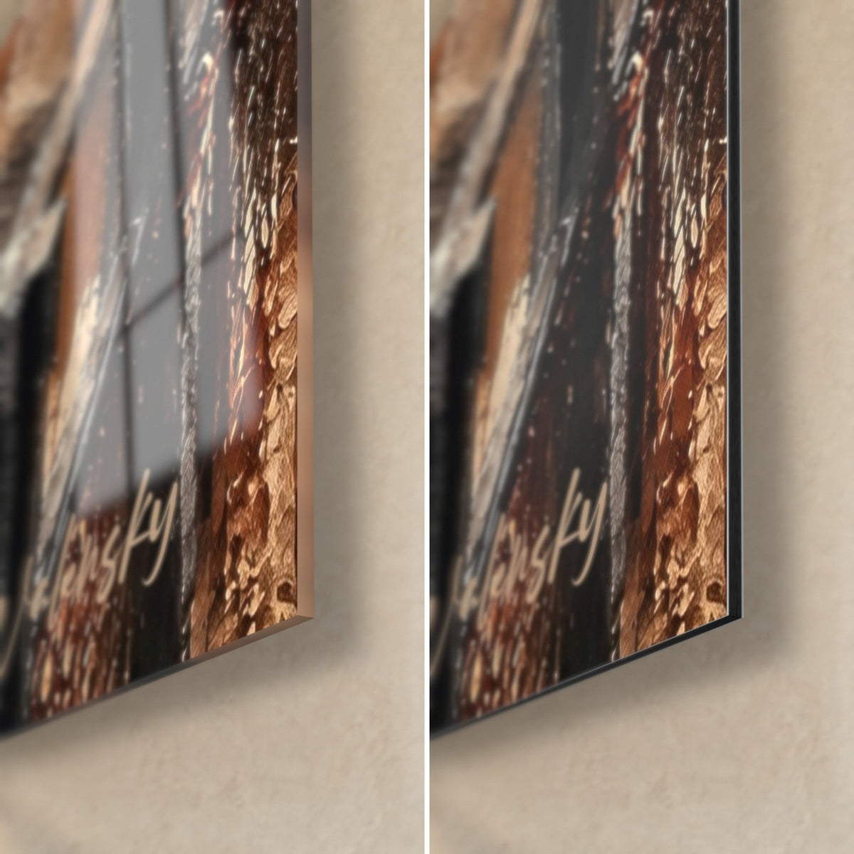 Quadro facciate alsaziane a graticcio, angolo in basso a destra: vetro lucido a sinistra, alluminio Dibond opaco a destra, bordo nero da 3 mm