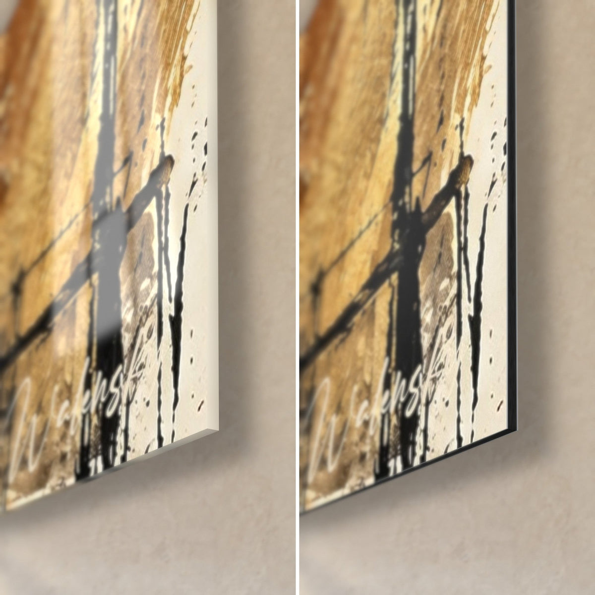 Gemälde Straßenszene aus Straßburg in Aquarellmanier, untere rechte Ecke: schwarze und goldene Laufspuren auf glänzendem Acrylglas und mattschwarzem Dibond