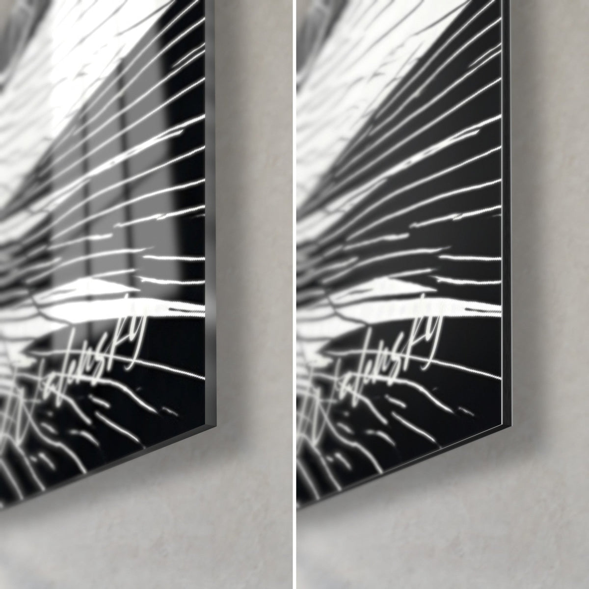 Schilderij zwart-wit Elzasser huis, rechtsonder: glanzend acrylglas met reflecties en mat zwart Dibond, 3 mm dikte