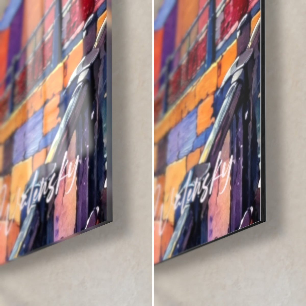 Quadro vie di Strasburgo in tocchi arancio e viola, angolo in basso a destra: vetro acrilico lucido a sinistra, alluminio Dibond opaco a destra