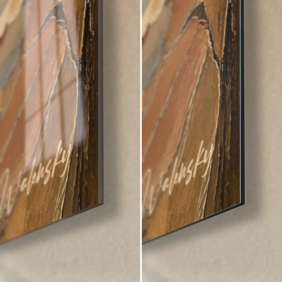 Gemälde eines elsässischen Kanals in Mosaik aus Ocker und Blau, untere rechte Ecke: glänzendes Acrylglas links, mattes Dibond-Aluminium rechts