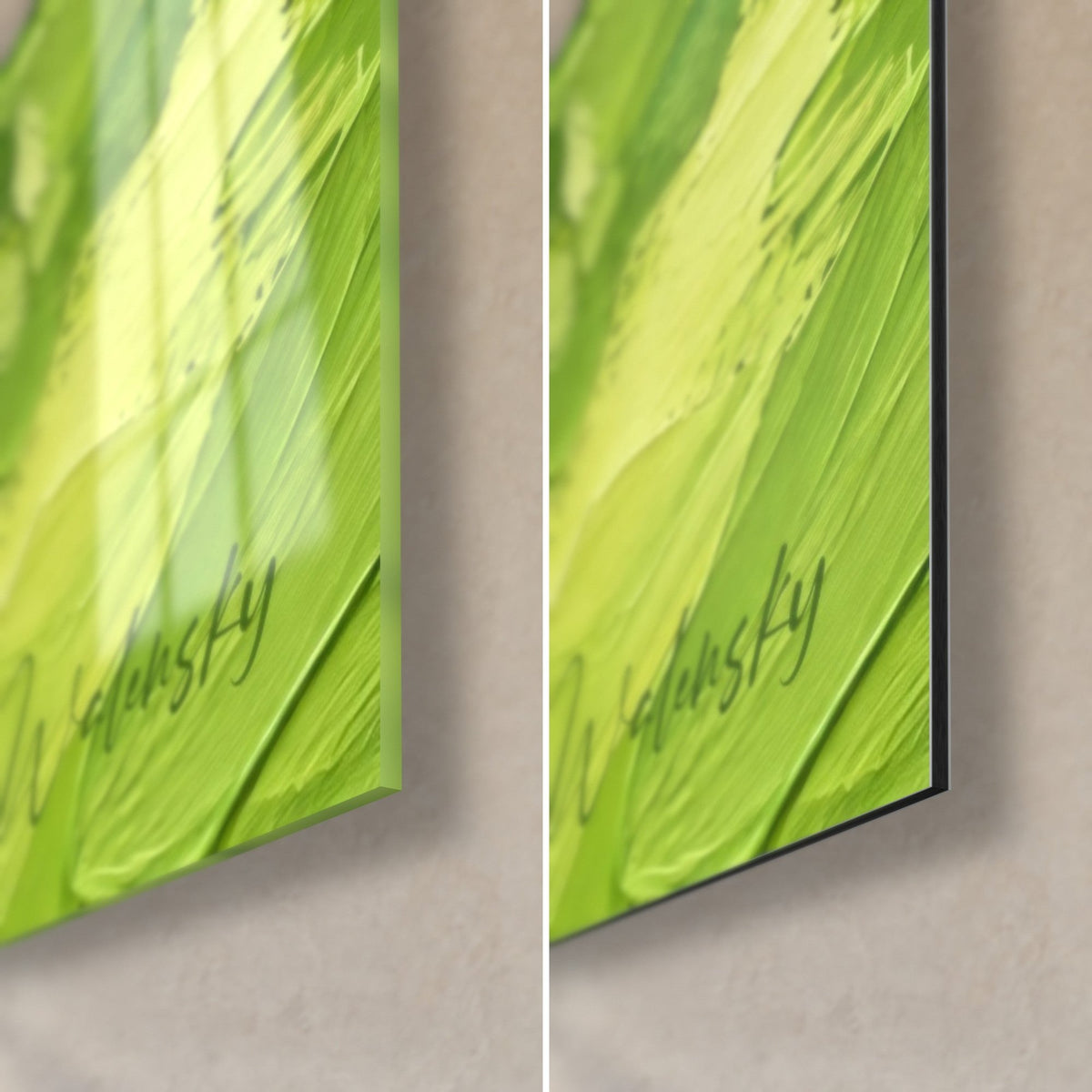 Schilderij van vakwerkgevels in appelgroen en geel impasto, rechtsonder, glanzend glas op mat zwart Dibond