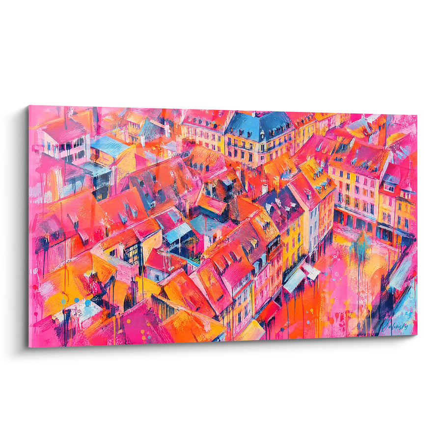 Tableau Toits de ville roses et orangés vus d'en haut - Vertige coloré - Edition Strasbourg  Grand Est  France