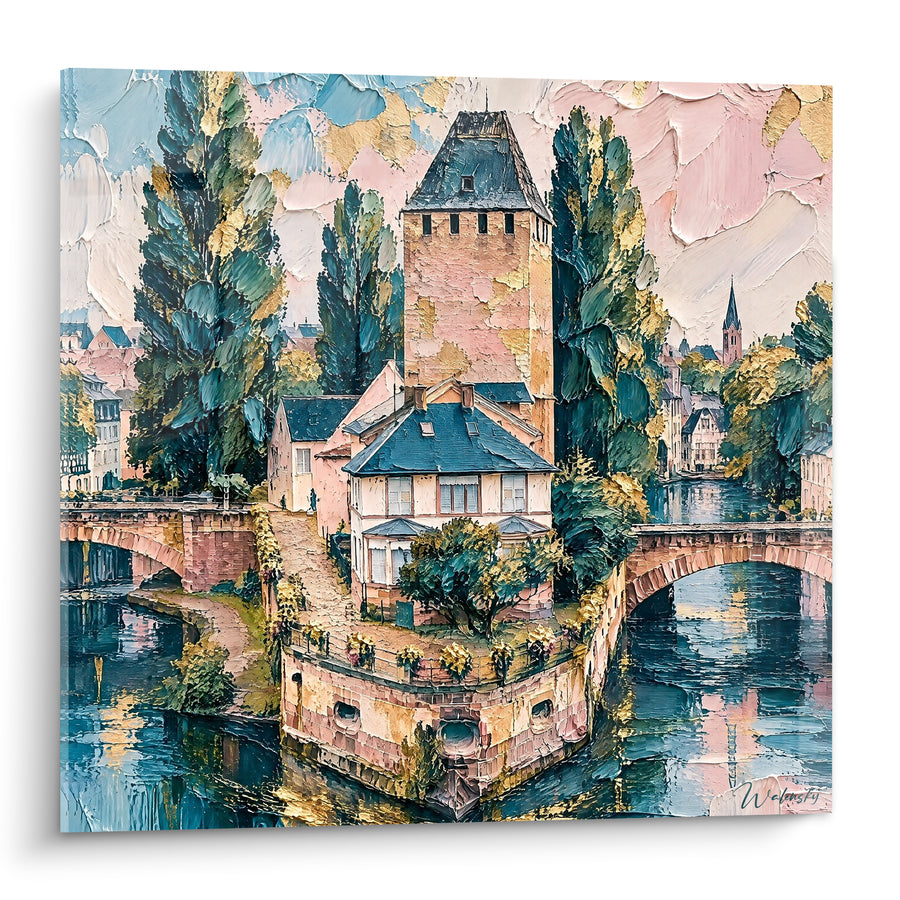 Tableau Tour couverte ocre et bleu sur canal - Échappée fluviale - Edition Strasbourg  Grand Est  France
