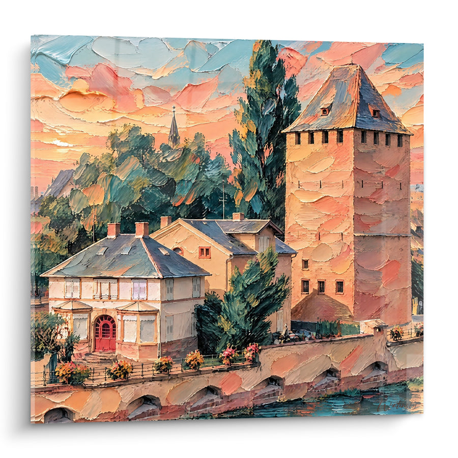 Tableau Tour médiévale aux teintes ocre et corail - Crépuscule fortifié - Edition Strasbourg  Grand Est  France
