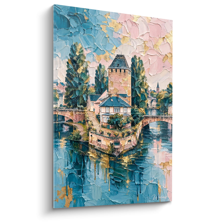 Tableau Tour fortifiée rose et turquoise entourée de peupliers - Confluence des deux bras - Edition Strasbourg  Grand Est  France