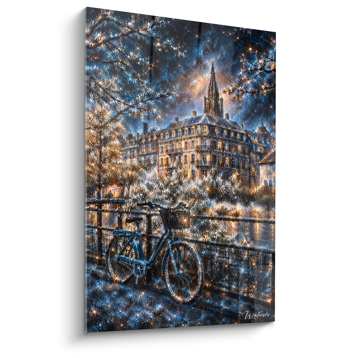 Catedral dorada y bicicleta azul noche bajo un cielo estrellado, cuadro nocturno de Estrasburgo centelleante