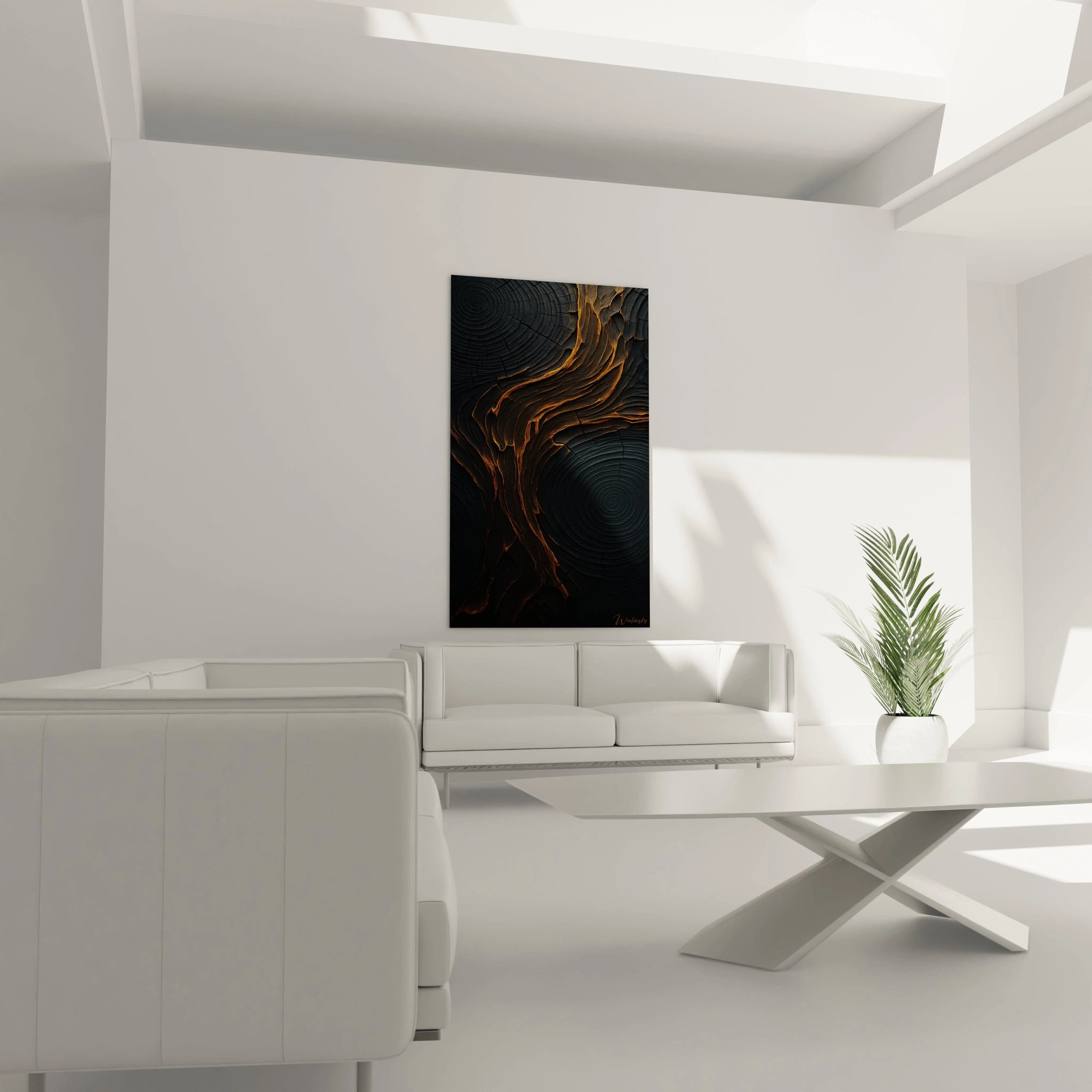 Un tableau relief abstrait combinant des cercles noirs gravés avec des veines dorées organiques qui traversent la composition, créant un contraste dramatique entre la texture rugueuse du bois carbonisé et l'éclat métallique des craquelures.
