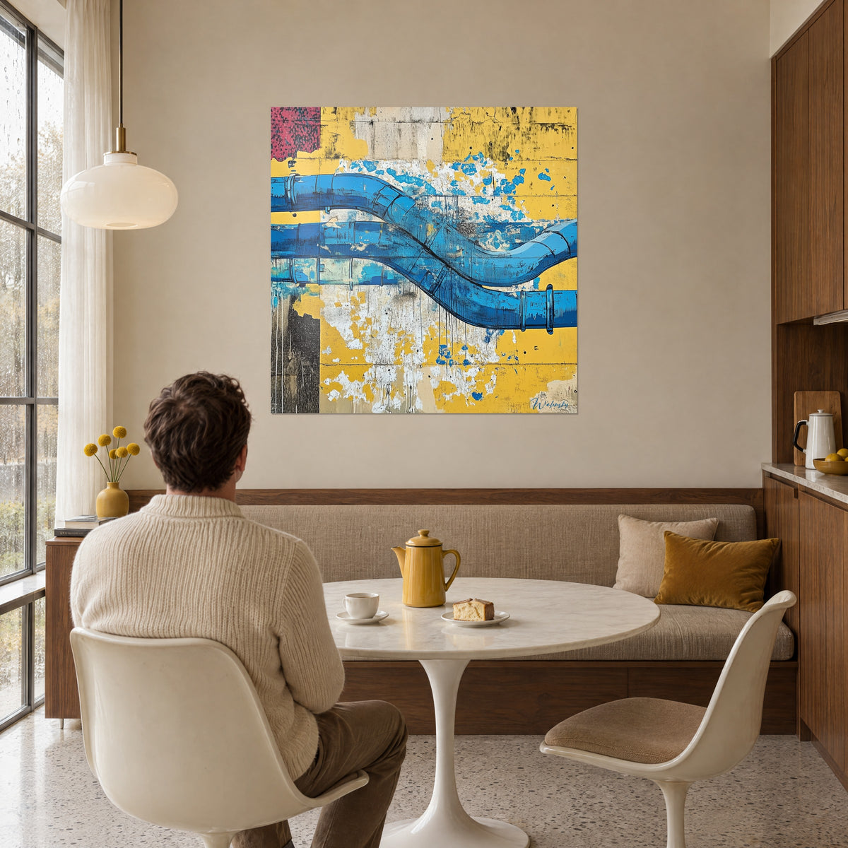Cuadro de fresco urbano de tuberías azul real, muros ocre y blancos desconchados, hombre de espaldas sentado a la mesa de un comedor luminoso